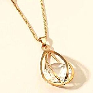 Gold Tone Teardrop Cage Pendant Necklace Crystal Stone Modern Minimalist